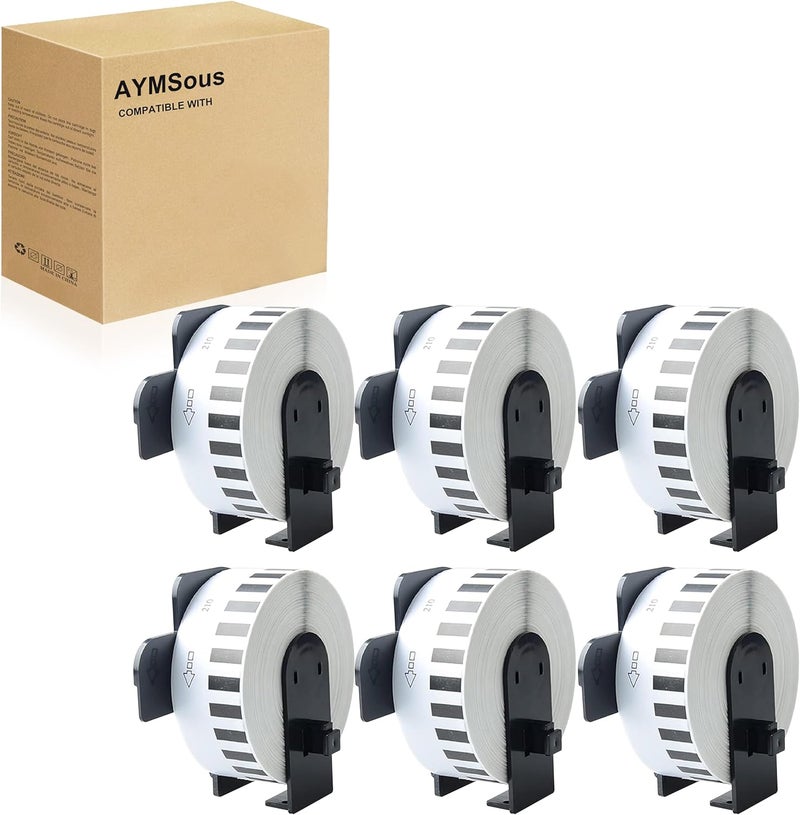 AYMSous Compatible 6 Pack DK-2210 Continuous White Label Paper (1-1/7"x100'/ 29mm x 30.48m) with 6 Refillable Cartridge Replacement for Brother DK-2210 for QL-700 QL570 QL710W QL800 QL810W QL1060N QL7 - Image 1